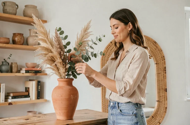 Femme arrangeant des herbes de pampa dans un vase en terracotta dans un salon décoré avec des objets chinés et naturels