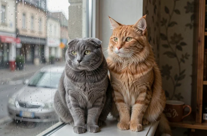 Deux chats assis côte à côte sur un rebord de fenêtre regardant la pluie dehors dans un appartement cosy