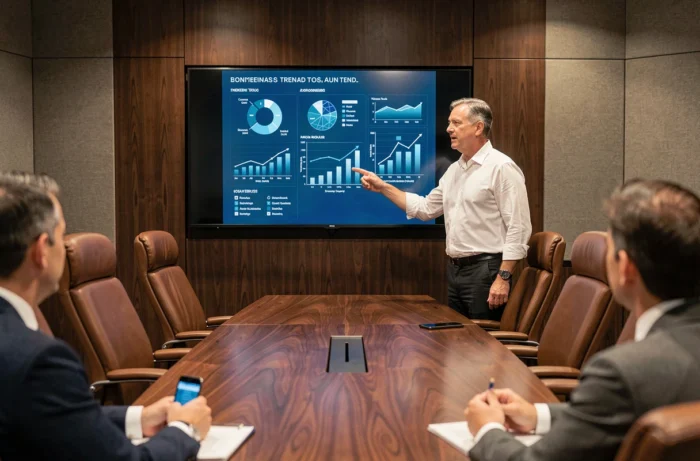 Dirigeant présentant les tendances et actualités business 2024 lors d'une réunion en salle de conférence moderne