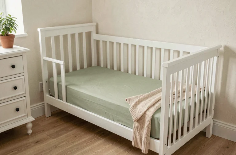 Lit de bébé équipé d'un drap housse en coton bio vert sauge dans une chambre de bébé épurée et naturelle