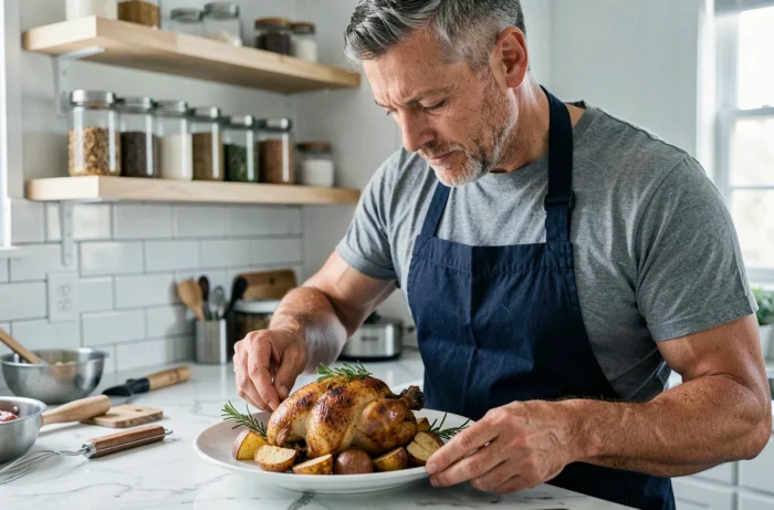Homme dressant une assiette de poulet rôti aux herbes et pommes de terre dans une cuisine moderne