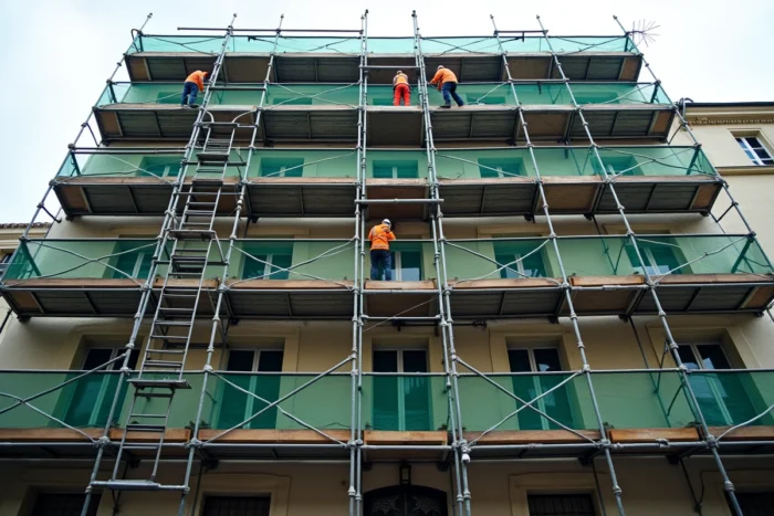 Échafaudage modulaire acier installé sur la façade d'un immeuble haussmannien en milieu urbain avec filets de protection