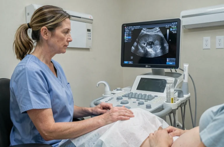 Échographiste réalisant une échographie précoce à 5 semaines d'aménorrhée sur patiente enceinte avec écran affichant un sac gestationnel