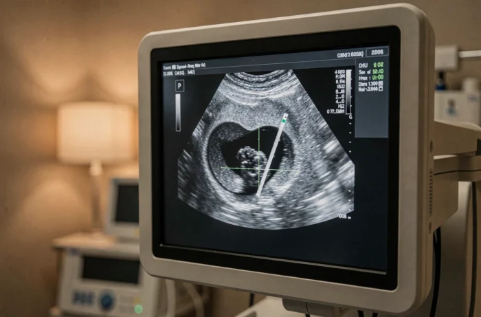 Écran d'échographie affichant un sac gestationnel visible lors d'une grossesse précoce à 5 semaines d'aménorrhée
