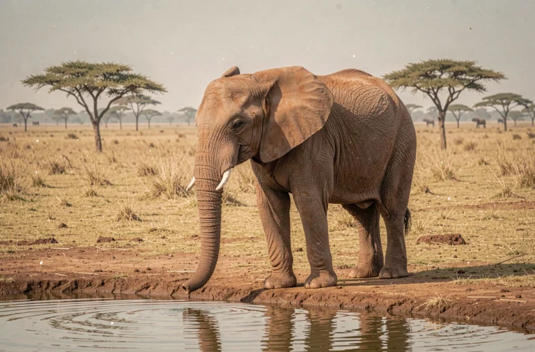 Éléphant d'Afrique adulte au bord d'un point d'eau dans la savane kényane, environnement naturel authentique