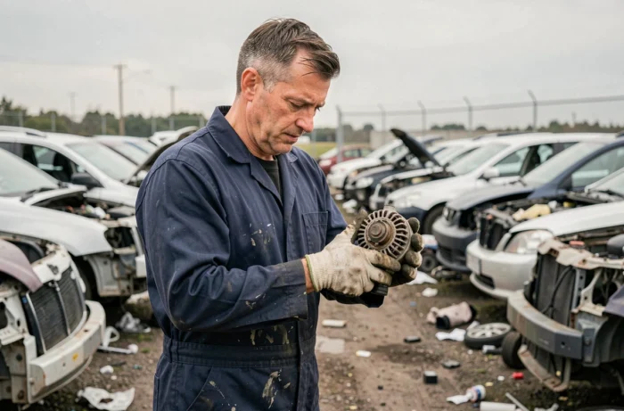 Employé de casse automobile inspectant une pièce d'occasion dans un centre de recyclage de véhicules