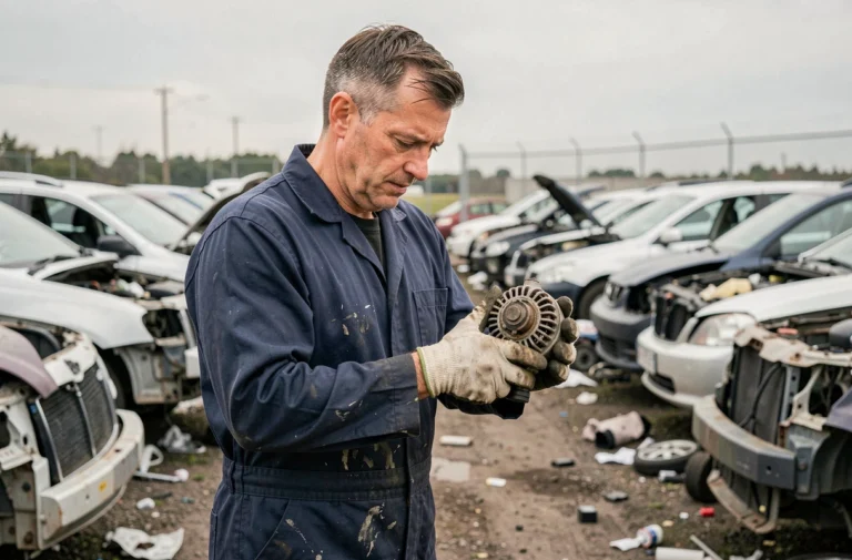 Employé de casse automobile inspectant une pièce d'occasion dans un centre de recyclage de véhicules