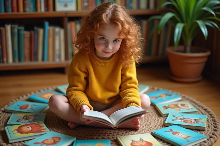 Jeune fille lisant un livre illustré pour enfants entourée de livres colorés sur un plancher en bois dans une bibliothèque chaleureuse