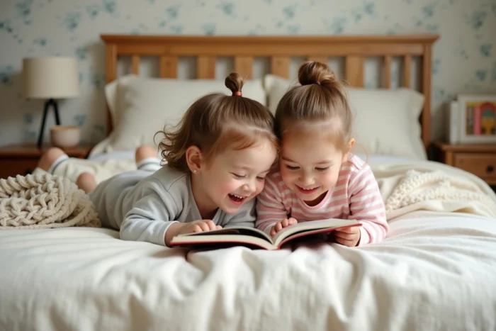 Deux enfants en pyjama allongés sur un lit partagent un livre illustré jeunesse avec des expressions joyeuses et complices