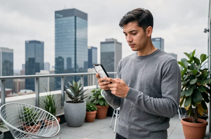 Entrepreneur consultant sa stratégie de communication sur smartphone depuis un espace de coworking en rooftop urbain