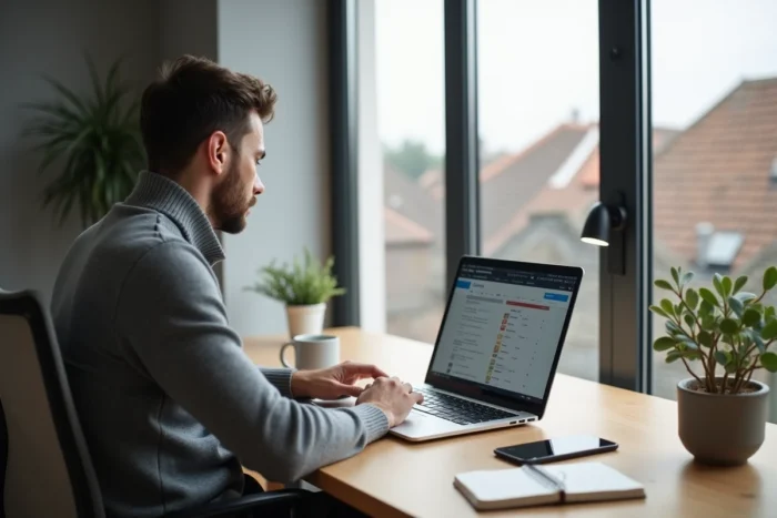 Entrepreneur indépendant planifiant sa stratégie de marketing digital sur ordinateur portable dans un bureau à domicile minimaliste