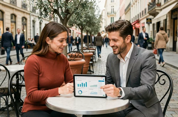 Deux entrepreneurs consultant les actualités et tendances business 2024 sur tablette en terrasse de café urbain