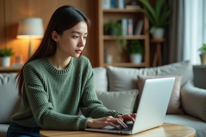 Jeune femme envoyant plusieurs documents à Pôle emploi en ligne depuis son domicile avec un ordinateur portable