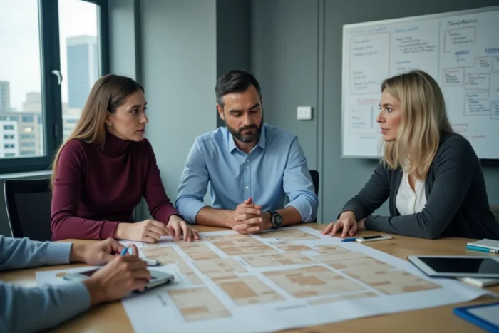 Équipe professionnelle collaborant sur un plan de site web en salle de réunion