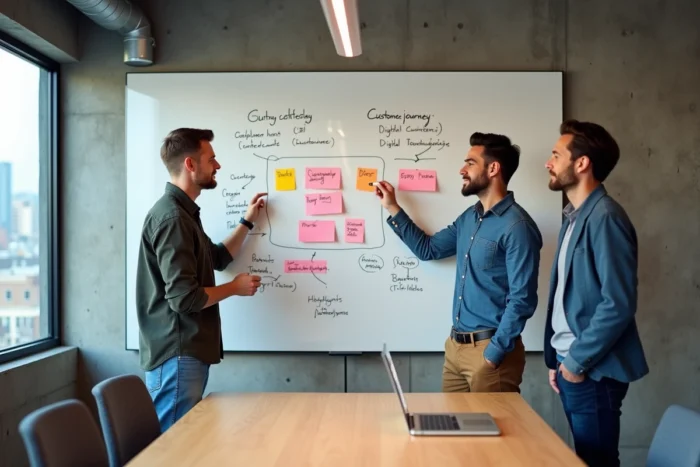 Équipe marketing collaborant autour d'un tableau blanc avec des schémas de stratégie digitale dans une salle de réunion moderne