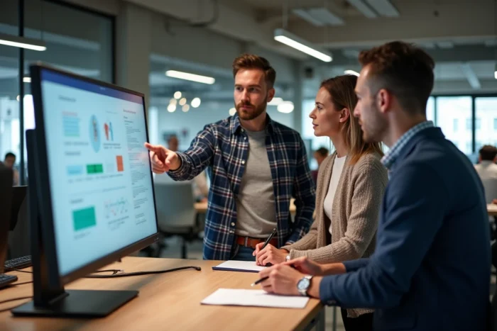 Équipe pluridisciplinaire en formation sur un logiciel SIRH lors d'une session de déploiement en entreprise
