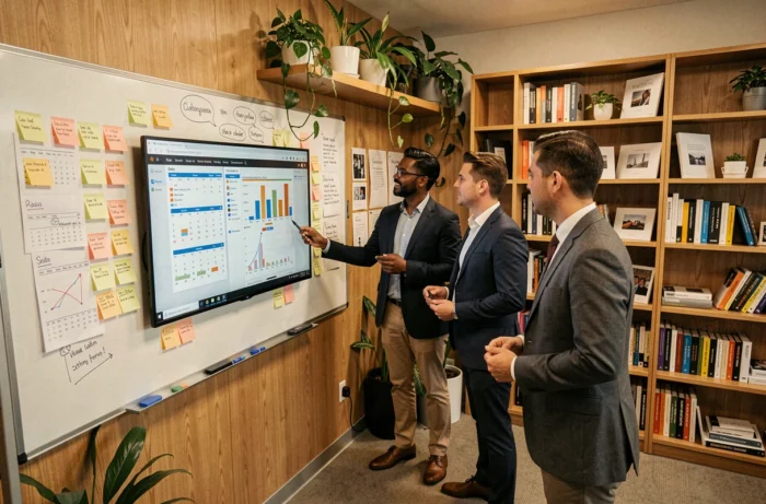 Équipe marketing collaborant sur une stratégie de visibilité digitale avec des calendriers de contenu et des réseaux sociaux