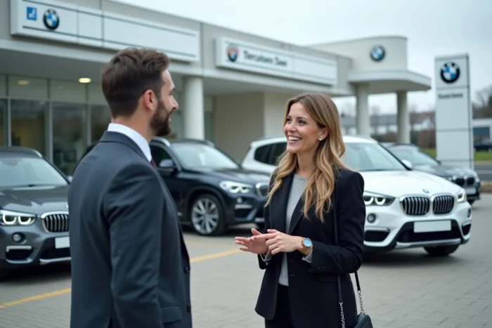 Deux vendeurs BMW discutant sur le parvis d'une concession française entourés de véhicules neufs