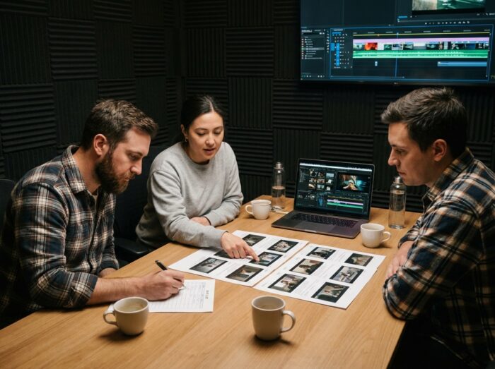 Équipe de professionnels VFX en réunion de révision de plans autour d'une table dans un studio de production