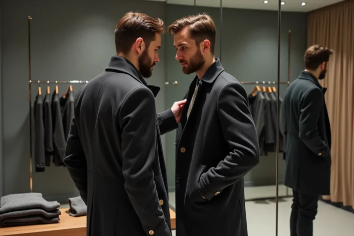 Deux hommes en cabine d'essayage vérifiant l'ajustement d'un manteau IKKS homme devant un miroir