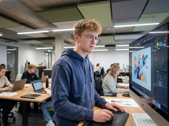 Étudiant en design graphique travaillant sur un logiciel de création vectorielle avec une tablette graphique dans un espace de coworking