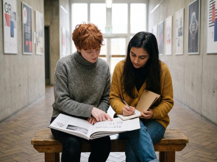 Deux étudiants en design graphique consultant un portfolio imprimé dans le couloir d'une école de design après le bac