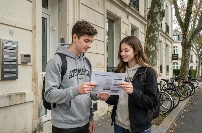 Deux étudiants consultant une annonce de studio devant un immeuble résidentiel à La Roche-sur-Yon