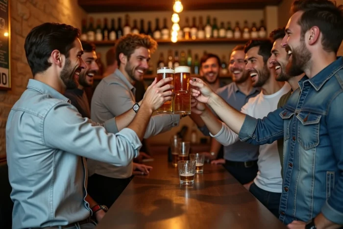 Groupe d'amis portant un toast dans un bar branché de Paris lors d'un enterrement de vie de garçon