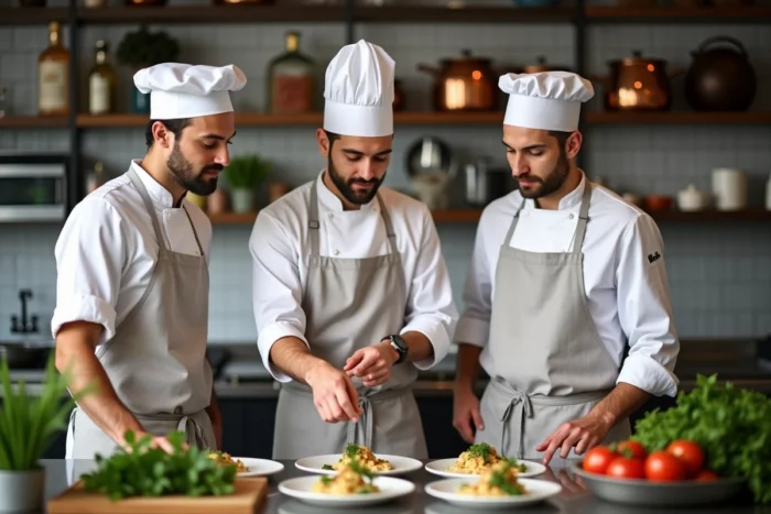 Groupe d'hommes participant à un cours de cuisine française à Paris pour un EVJF ou enterrement de vie de garçon