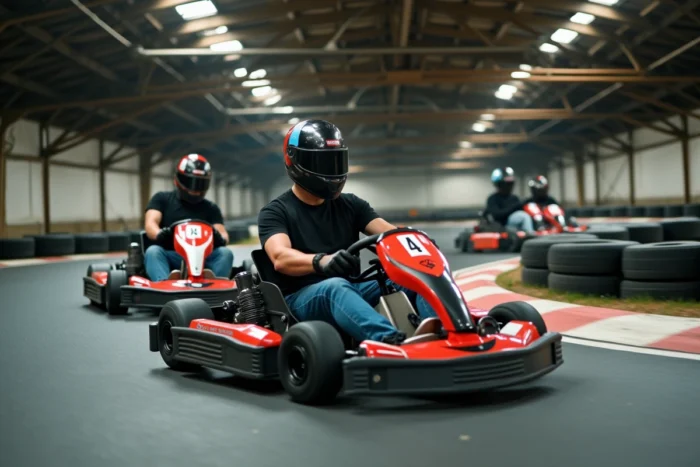 Hommes en combinaison de karting en pleine course lors d'un enterrement de vie de garçon à Paris