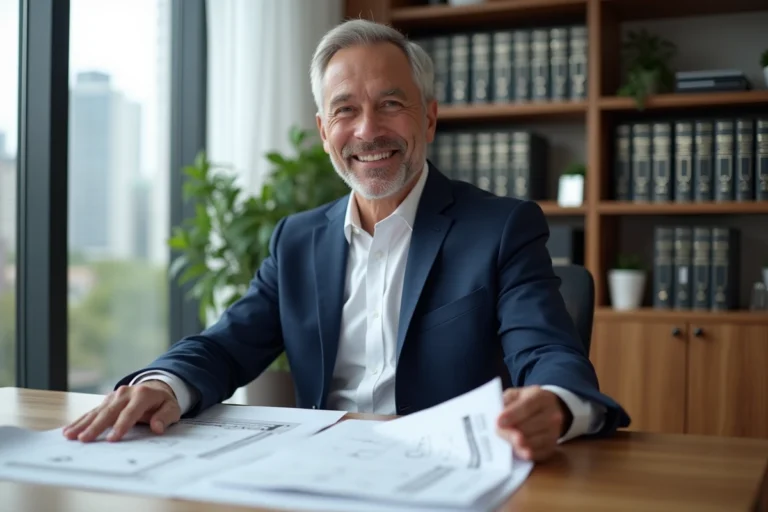 Expert immobilier en costume marine analysant des plans de propriété dans un bureau moderne avec vue sur la ville