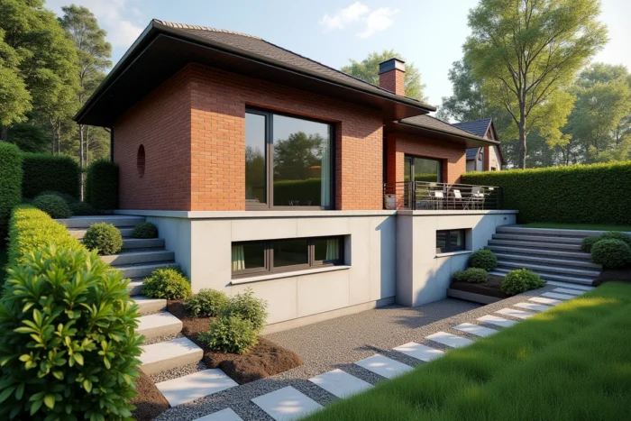 Façade extérieure d'une maison avec sous-sol semi-enterré visible, fenêtres au ras du sol et entrée latérale en contrebas