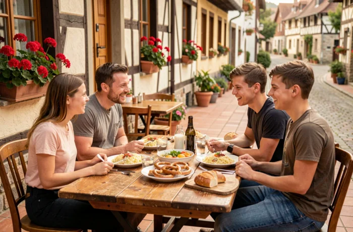 Famille attablée en terrasse d'un restaurant alsacien à La Petite Pierre partageant un repas traditionnel
