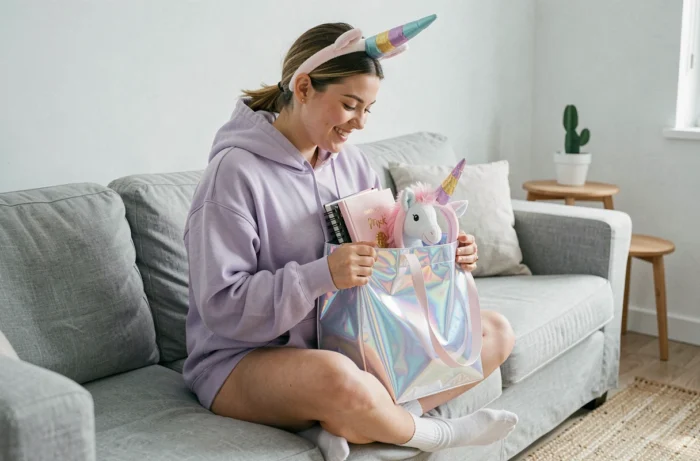 Jeune femme souriante avec sac holographique et accessoires licorne dans un salon scandinave