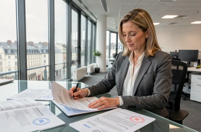 Femme d'affaires consultant des documents de conformité commerciale avec certification EEC dans un bureau moderne