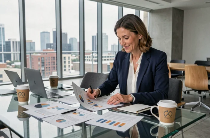 Femme d'affaires analysant des rapports et tendances business 2024 dans un bureau moderne avec vue urbaine