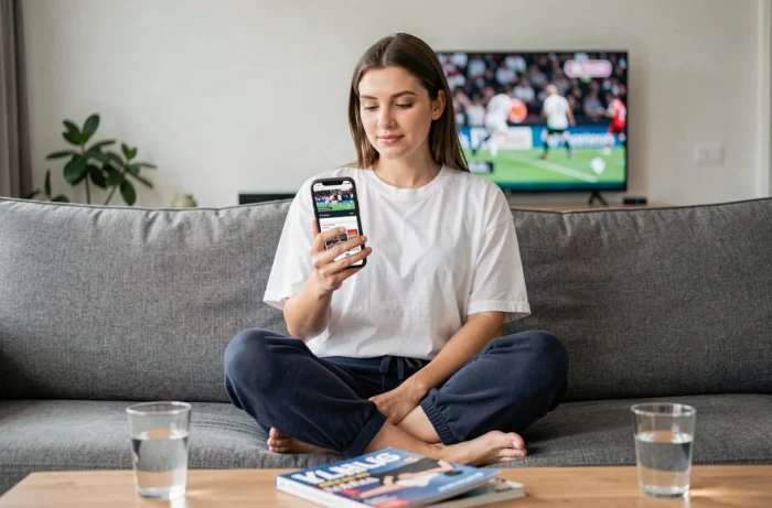Femme consultant une application d'actualité sportive sur smartphone dans un salon confortable