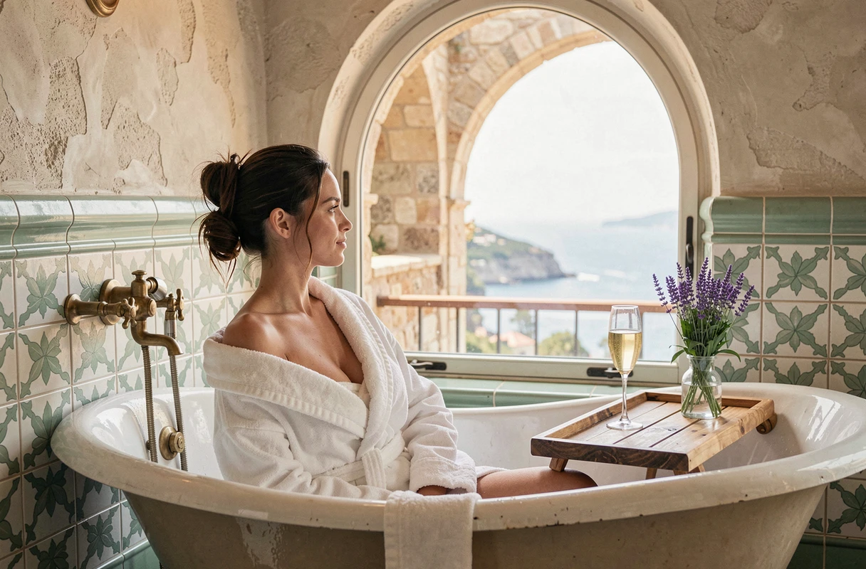 Femme se relaxant dans une baignoire ancienne avec vue sur la mer dans un hôtel boutique de la Côte d'Azur