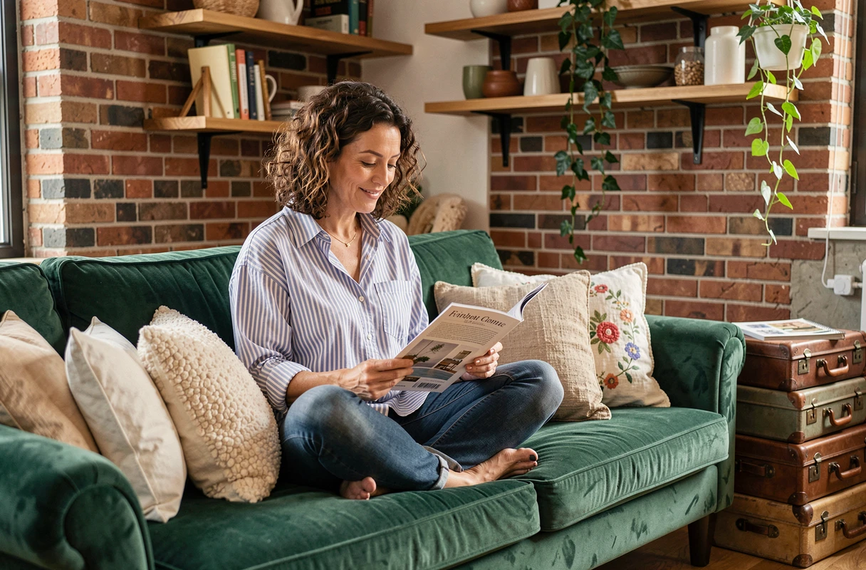 Femme détendue lisant un magazine de décoration sur un canapé vintage entouré de coussins tendance dans un appartement décoré avec style et petit budget