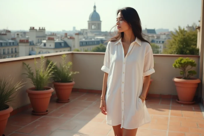 Femme en chemise en lin blanc sur une terrasse parisienne avec vue sur les toits de la ville