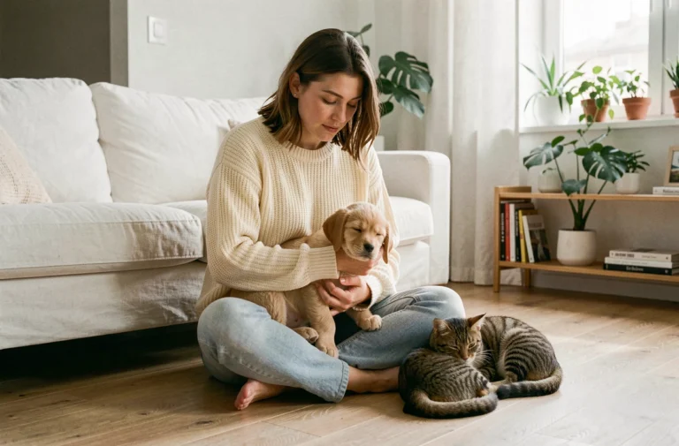 Jeune femme tenant un chiot golden retriever dans ses bras avec un chat tigré à ses côtés dans un salon scandinave moderne