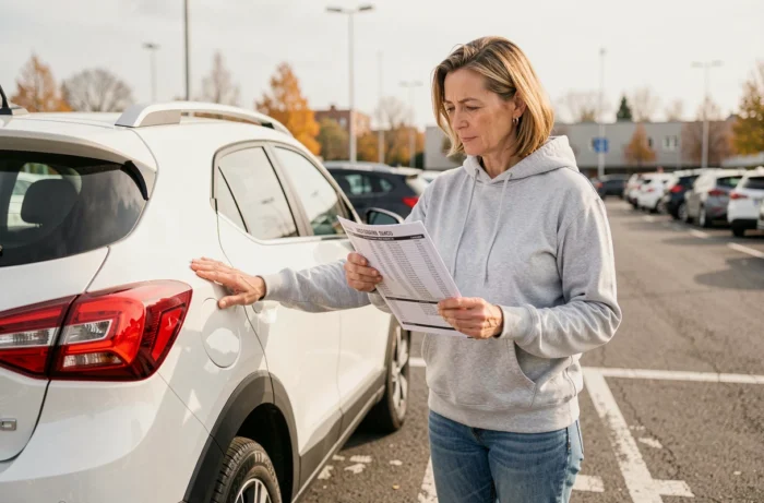 Femme consultant un guide de choix de pneus devant son SUV dans un parking extérieur