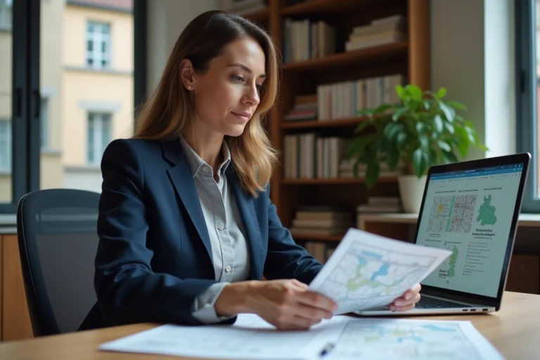 Femme professionnelle consultant des documents fonciers et un site de revue cadastrale sur ordinateur dans un bureau à domicile