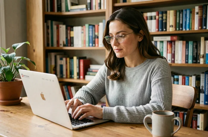 Femme consultant un site spécialisé en santé sur son ordinateur portable dans un bureau à domicile chaleureux