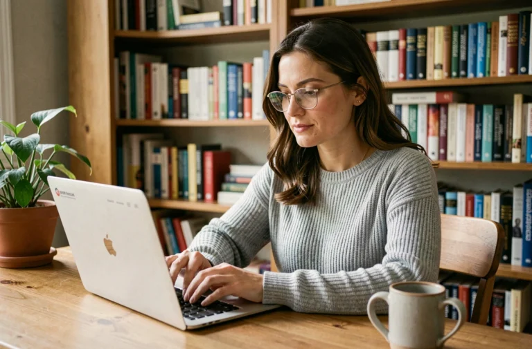 Femme consultant un site spécialisé en santé sur son ordinateur portable dans un bureau à domicile chaleureux