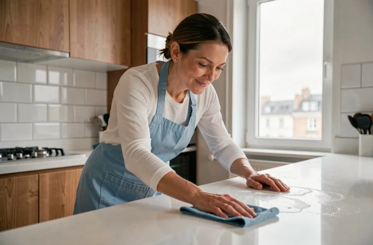 Femme de ménage professionnelle nettoyant un plan de travail dans une cuisine moderne d'appartement français