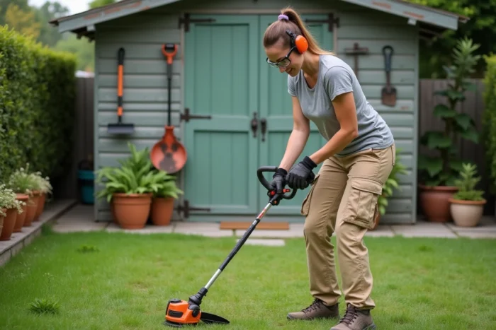 Femme inspectant une débroussailleuse à batterie devant un abri de jardin lors d'une pause d'entretien du gazon