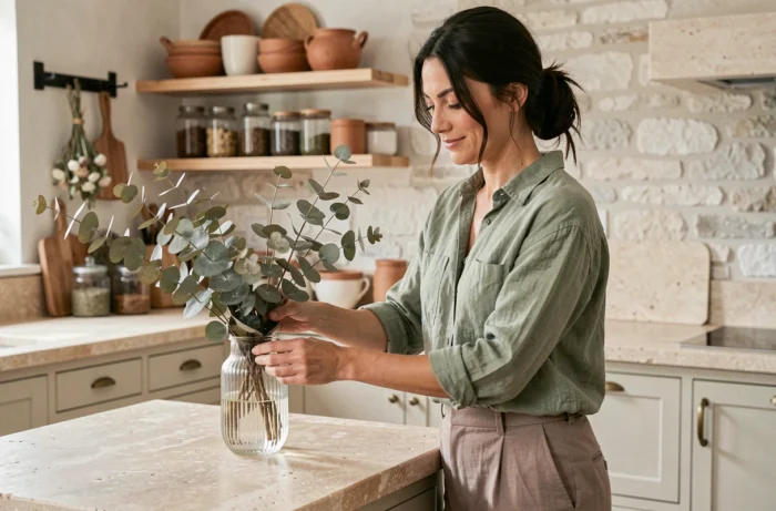 Femme arrangeant des branches d'eucalyptus dans une cuisine française moderne avec des éléments en pierre calcaire et des accessoires en laiton vieilli