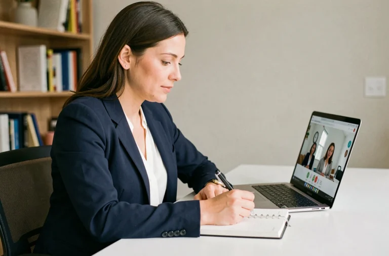 Femme professionnelle suivant une formation recrutement à distance depuis son bureau à domicile