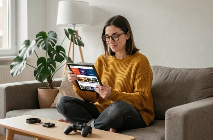 Une jeune femme passionnée de technologie lit les dernières actualités geek sur une tablette dans son appartement cosy